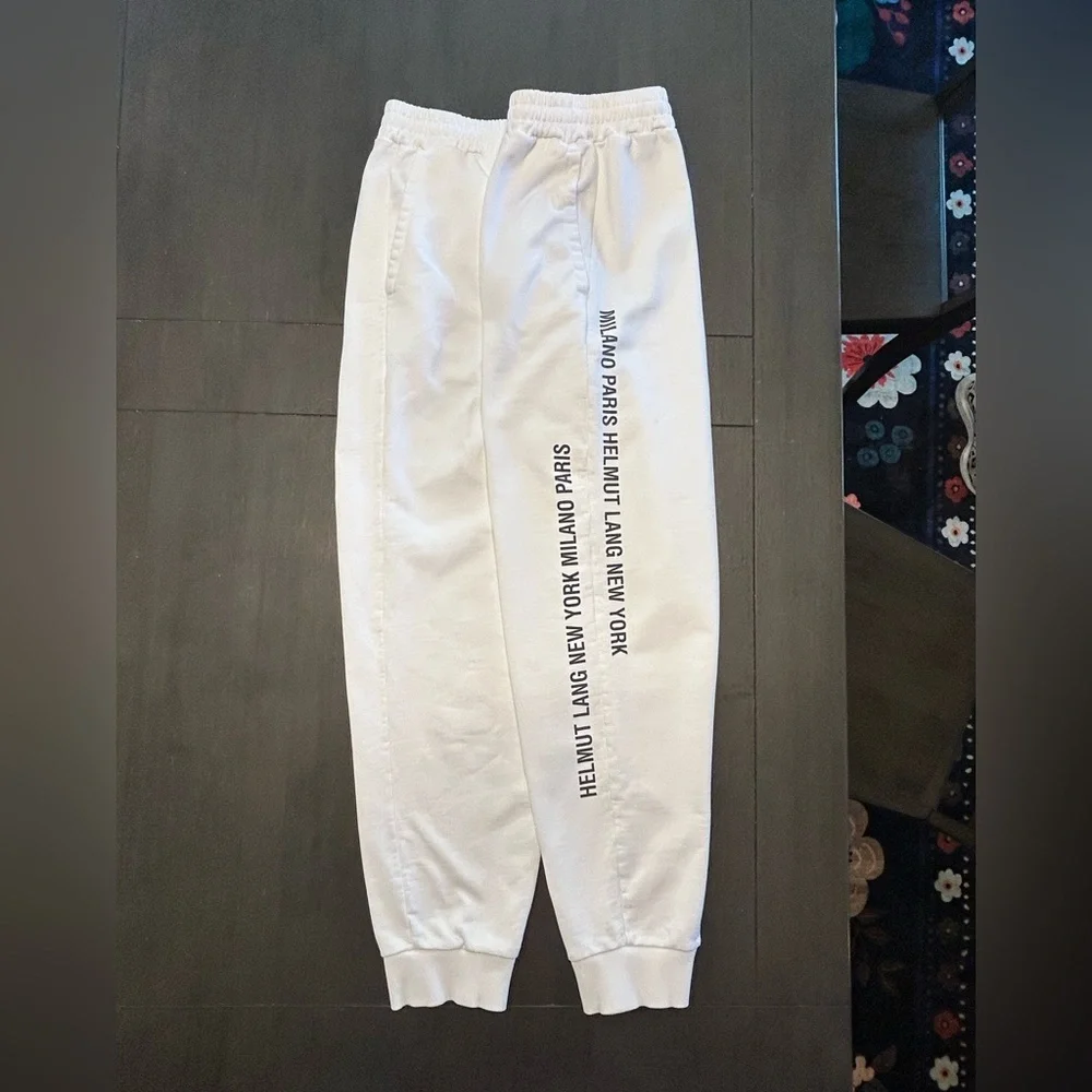 Men’s Helmut Lang MILANO PARIS NEW YORK white heavyweight luxe logo joggers LG